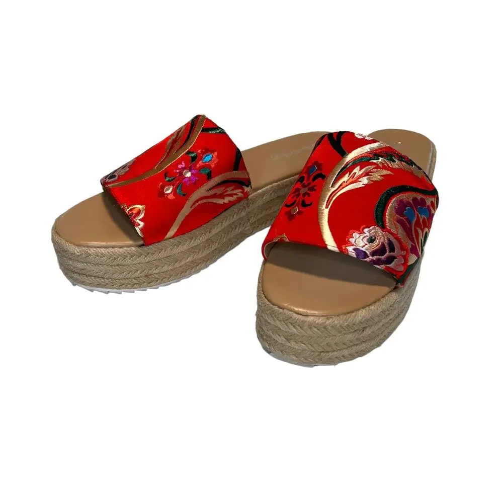Miss Selfridge Espadrille Sliders in Floral Jacquard Size 7 / 40 Oriental Red